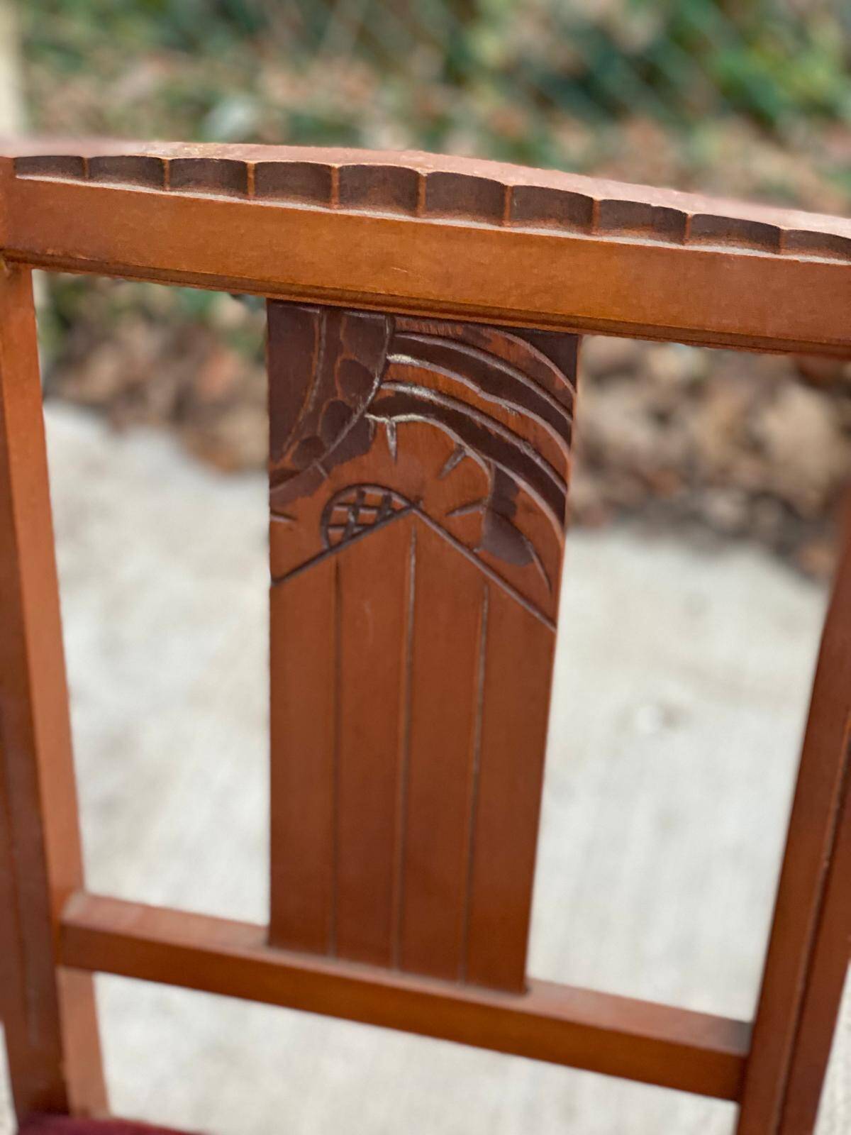 Art deco chair in solid wood and burgundy fabric