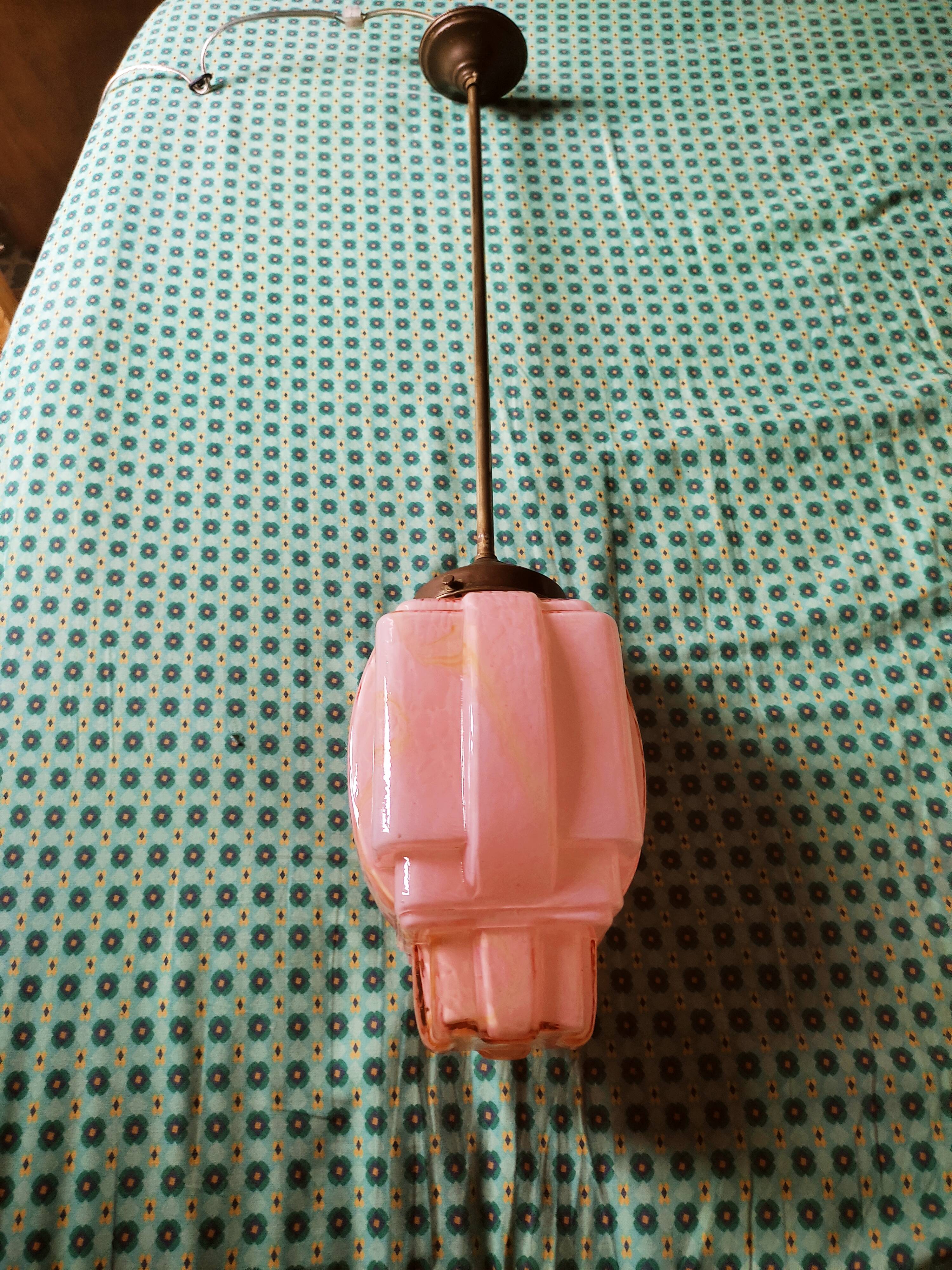 Art Deco pendant lamp in pink glass
