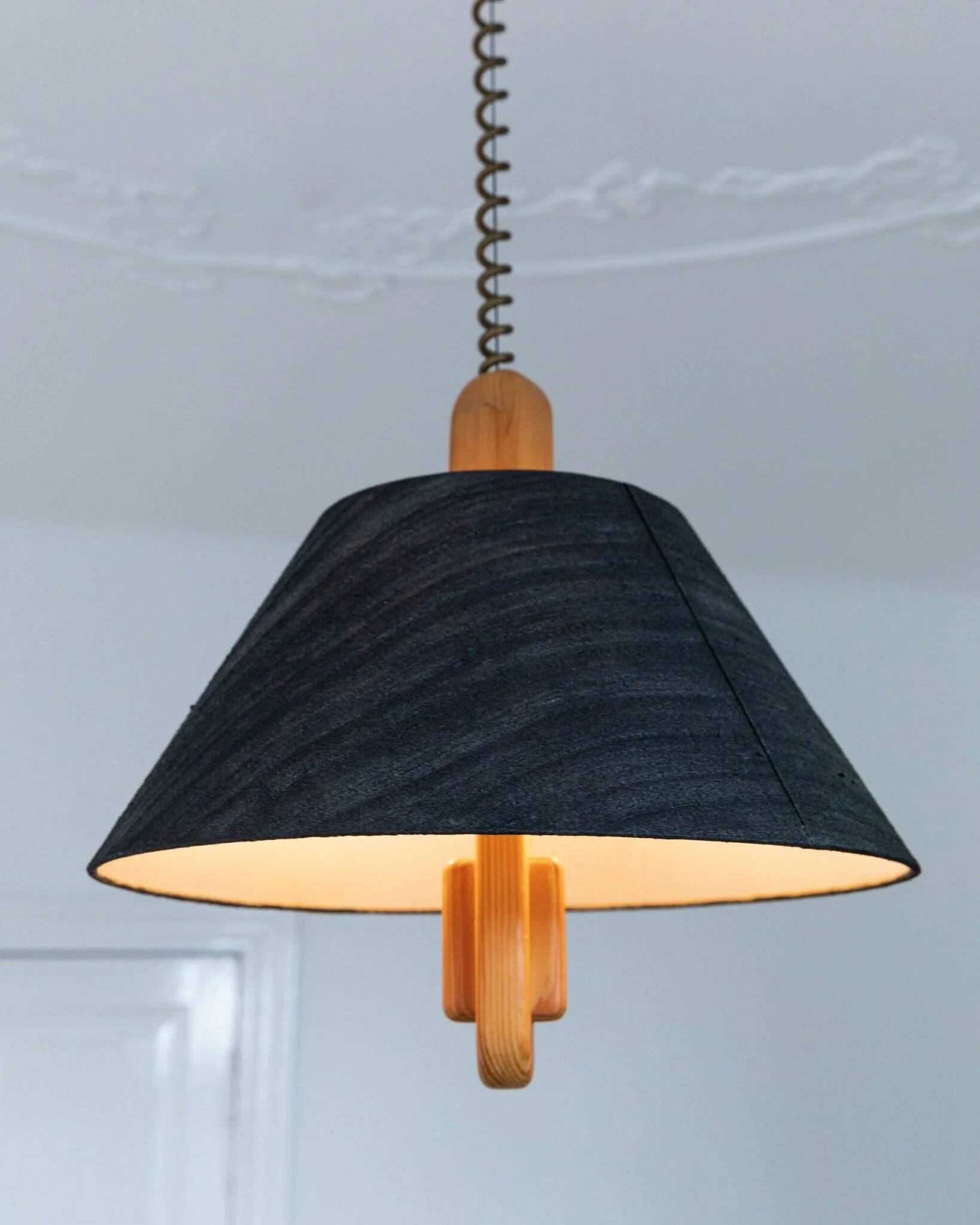 Temde Mid-Century Ceiling Light with dark charcoal silk shade and wooden center column