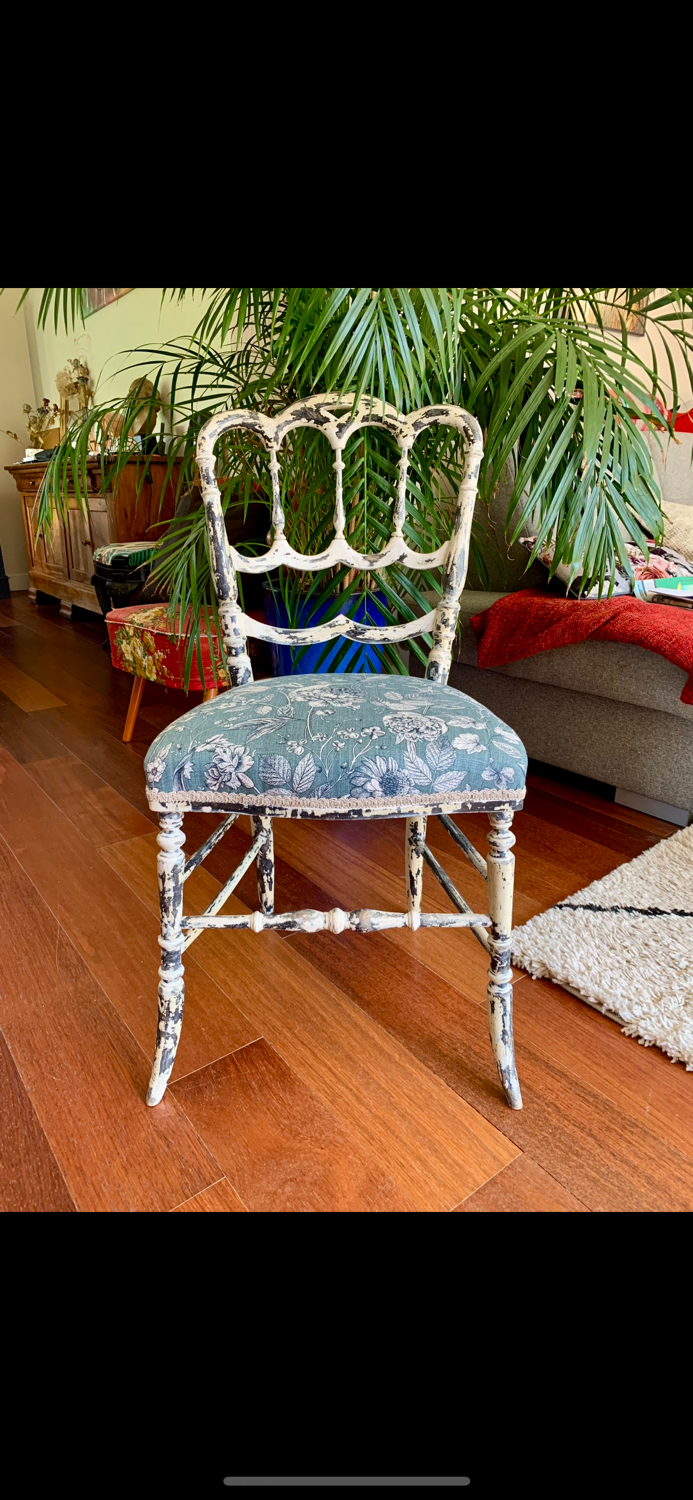 Restored Napoléon III chair in blue-grey floral.