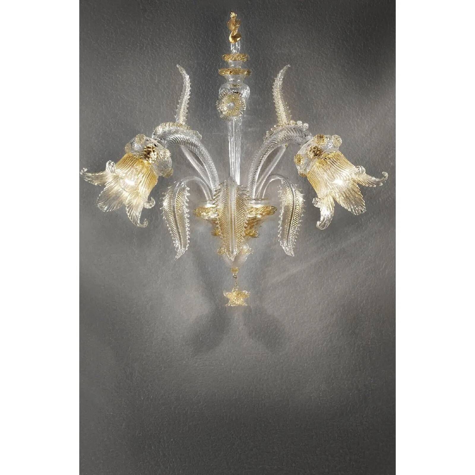 Italian Luxury Wall Sconce in Clear Murano Glass With Gold Floral Motifs