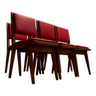 c. 1950 - Set of six “compass leg” chairs in oak and red leatherette -