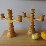 Set of 2 three-armed wooden candlesticks