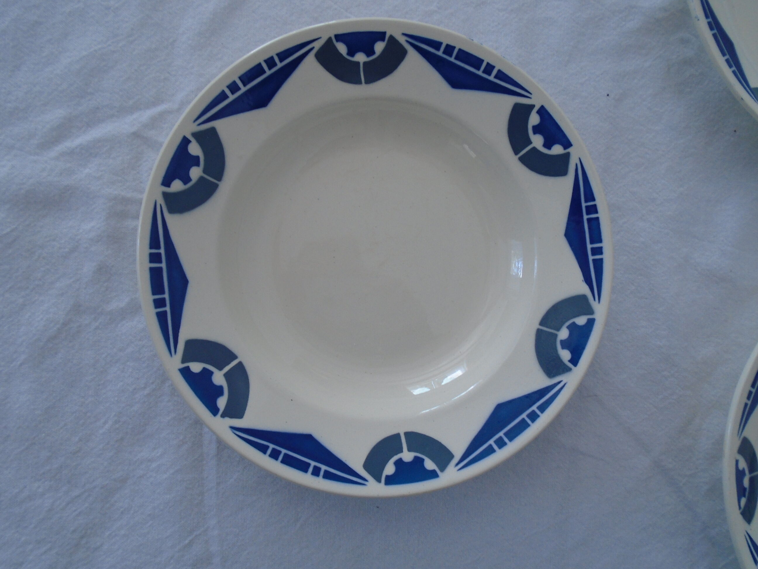 3 Plates faience old Badonviller motis art deco blue and gray
