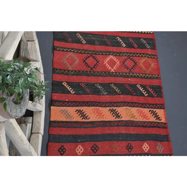 Vintage Turkish Hand-Knotted Wool Cotton Red Runner Rug 81x380