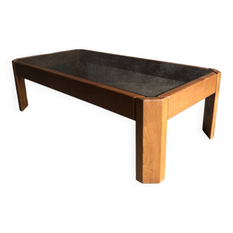 Table basse en bois claire et verre fumé, années 80