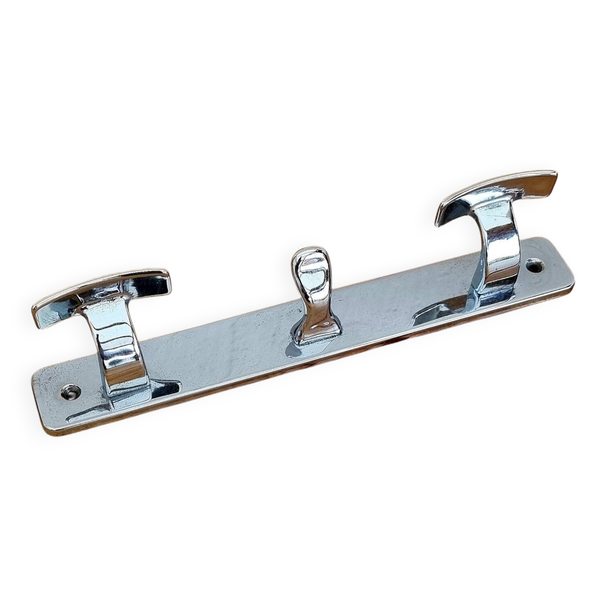 Vintage chrome wall coat rack with three hooks.