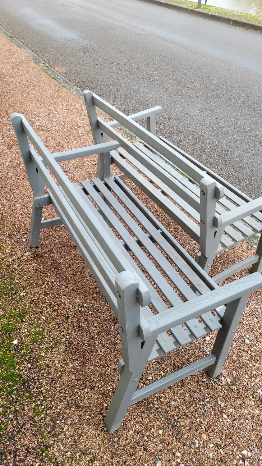 Pair of old wooden park garden benches