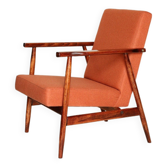 Vintage armchair postmodern wood chair oryginal made in 1970 papaya orange natural wool fabric living room armchair