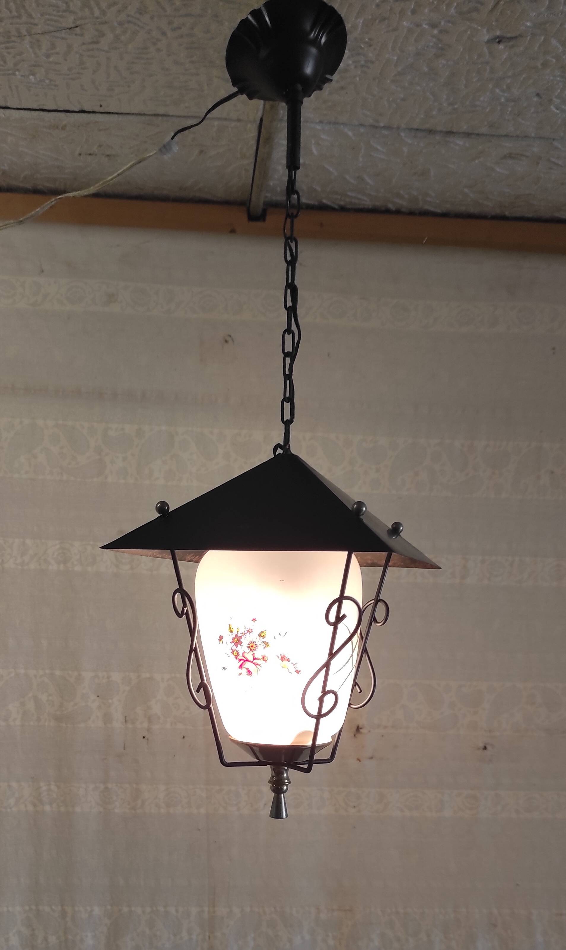 Lantern pendant light in metal, brass and glass - 50s/60s