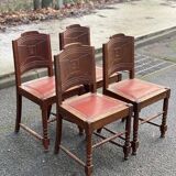 4 Art Deco gondola chairs in solid oak with burgundy faux leather, 1930s.
