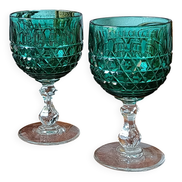 2 verres à pied vintage en verre taillé coloré vintage