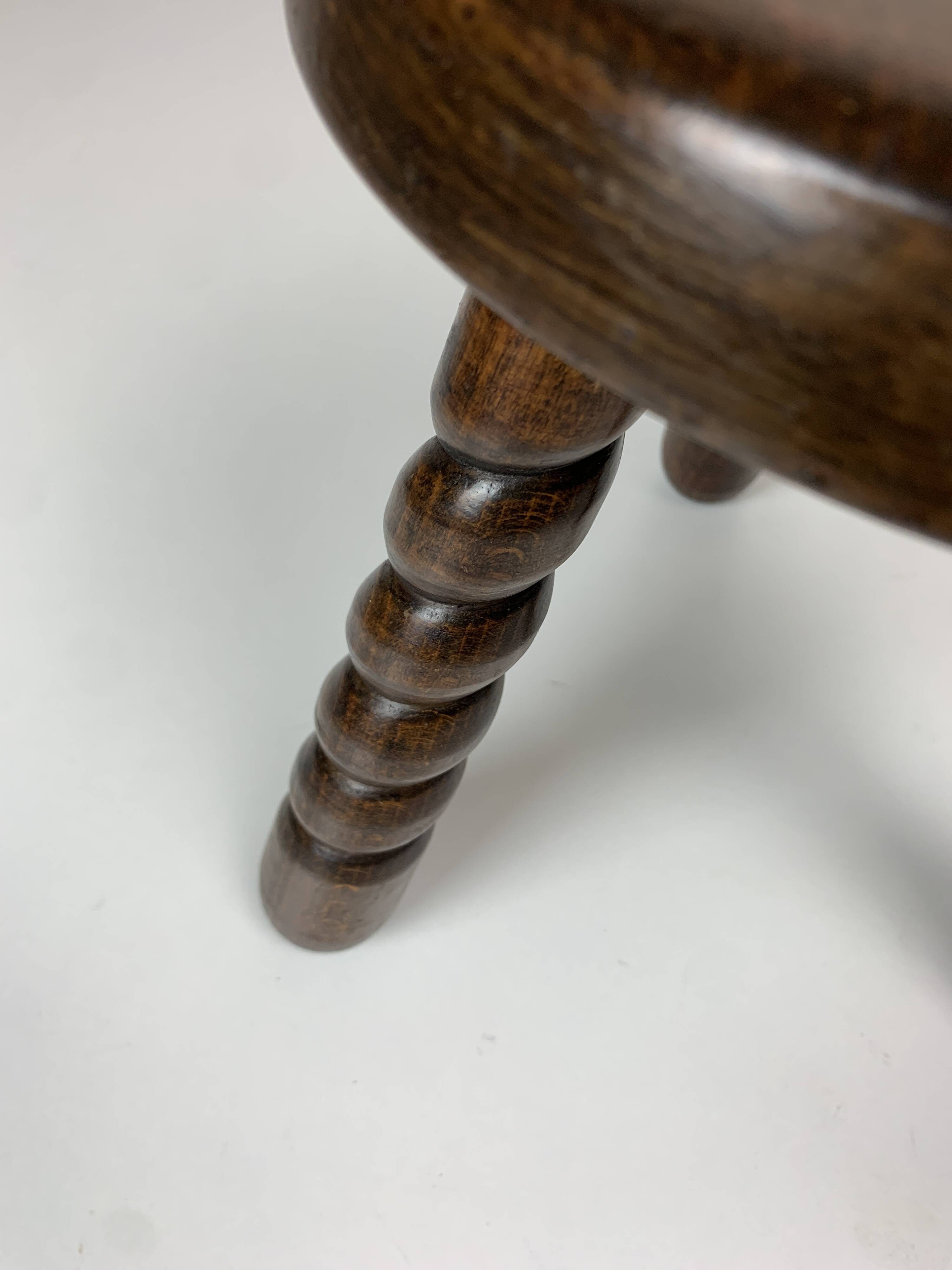 Pair of 2 midcentury brutalist modernist wood turned stools, ca 1950s