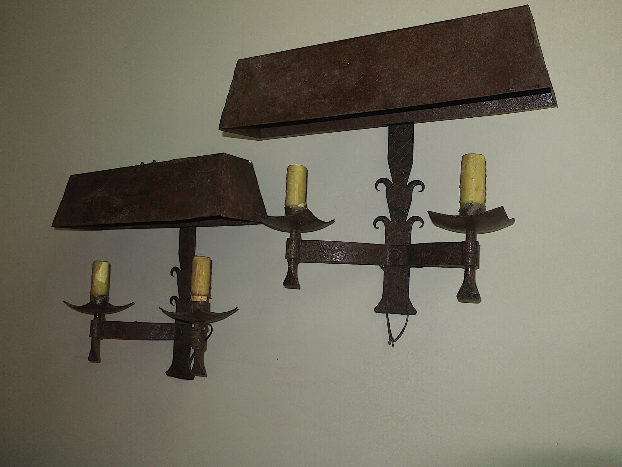 Pair of mid century patinated iron outdoor wall lights, 1960