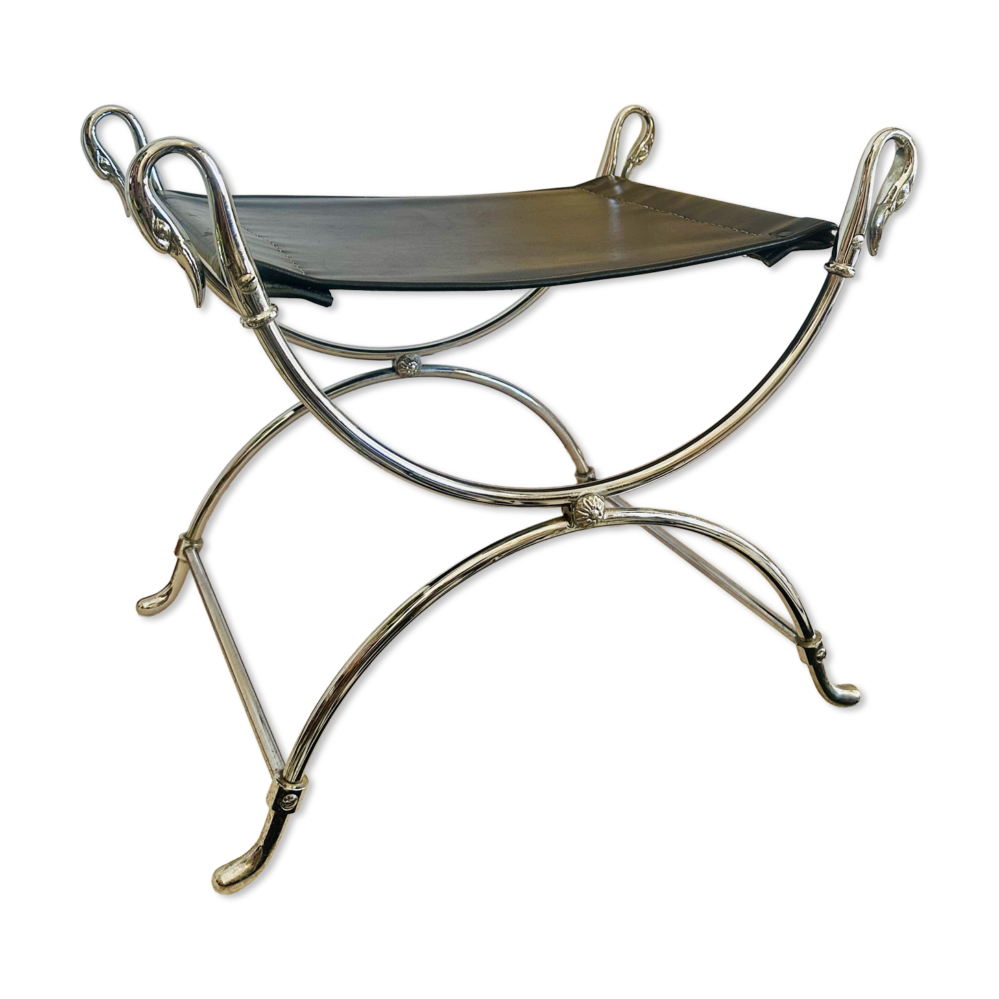 Tabouret Curule Style Maison Jansen en Acier Chromé et Cuir Noir