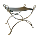 Curule Stool Maison Jansen in Chrome Steel and Black Leather