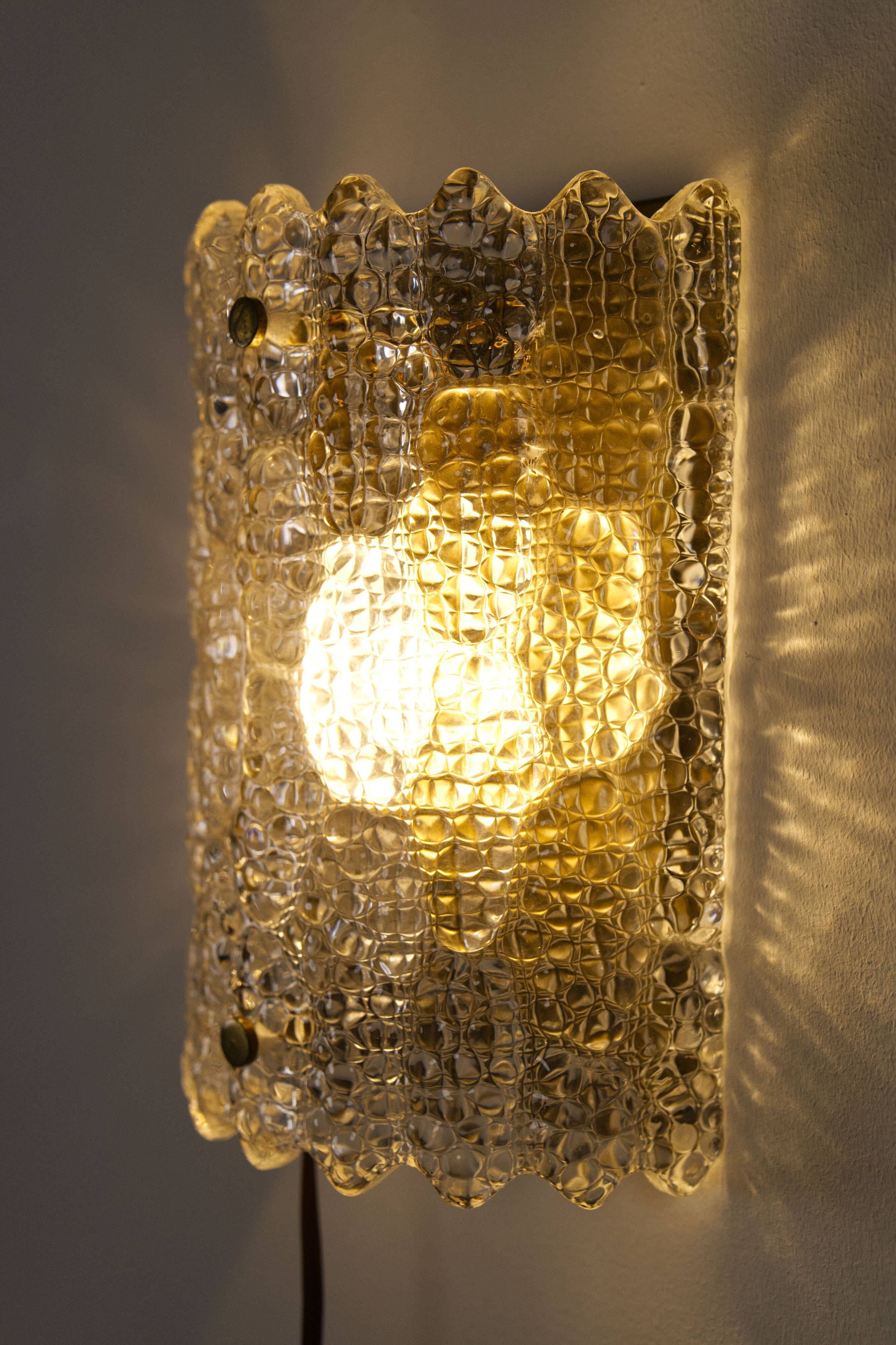 Large pressed glass and brass wall lamp, Denmark, 1960s