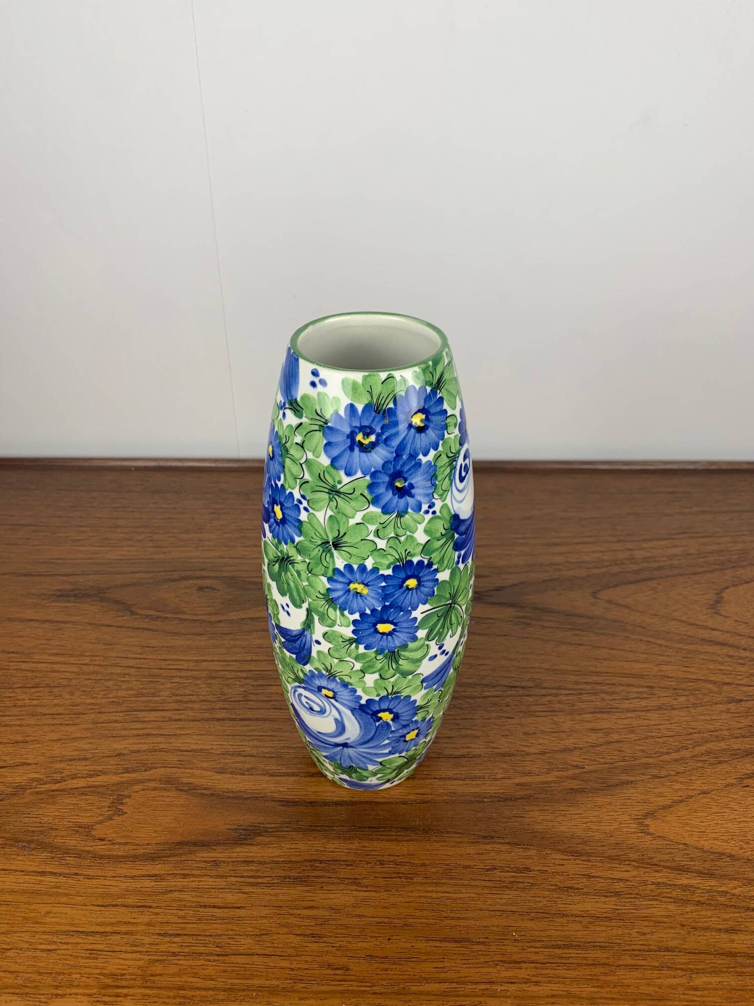 Italian San Marino Titano Vase, Green and Blue Floral Pattern, MCM