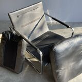 Vintage black leather armchair on metal base, 1980s