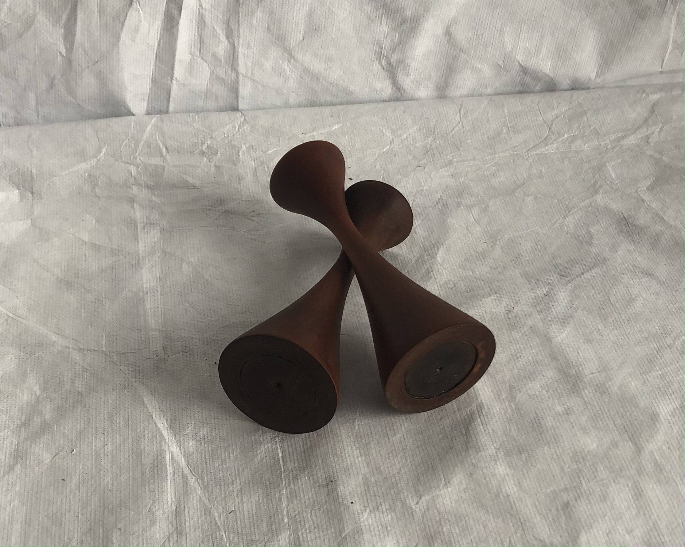 Pair of candlesticks in vintage stained birch wood, Scandinavian design