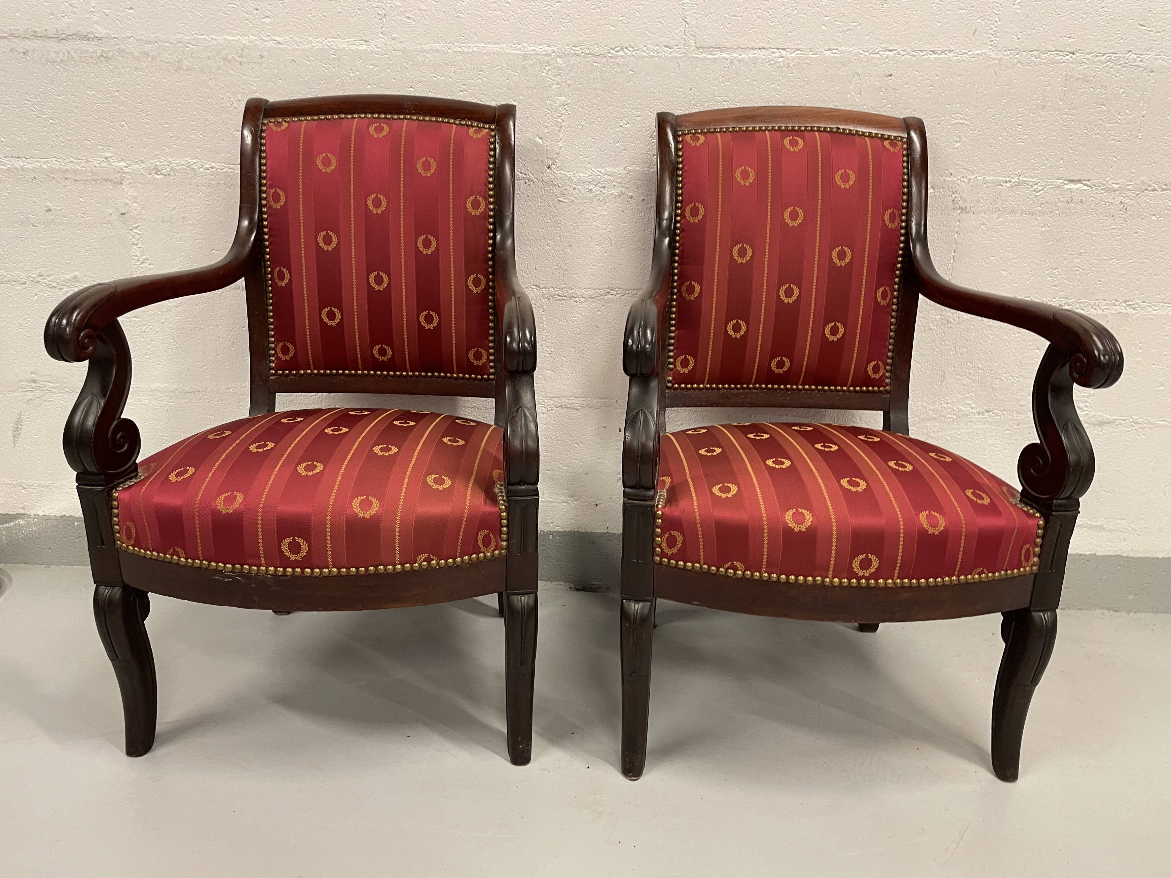 Pair of empire period armchairs in mahogany and silk