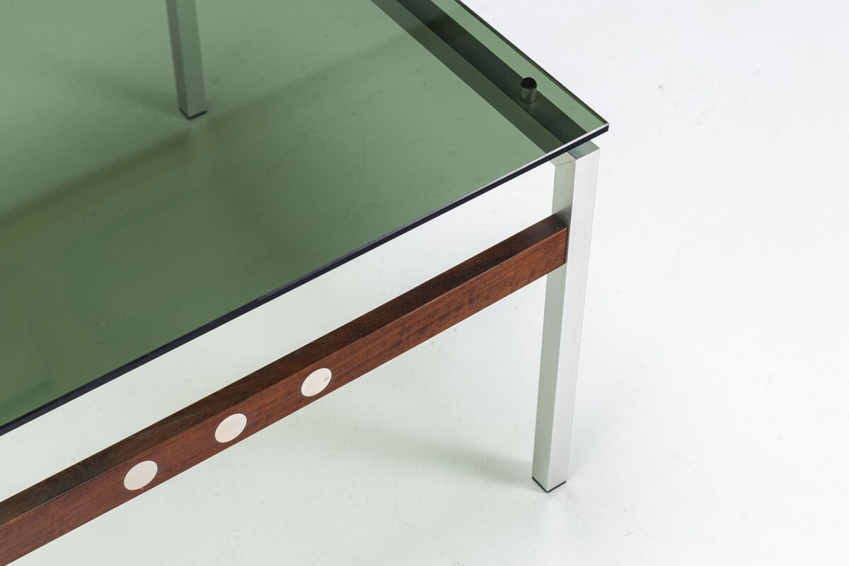 Scandinavian coffee table in metal, teak and smoked glass Denmark 1960