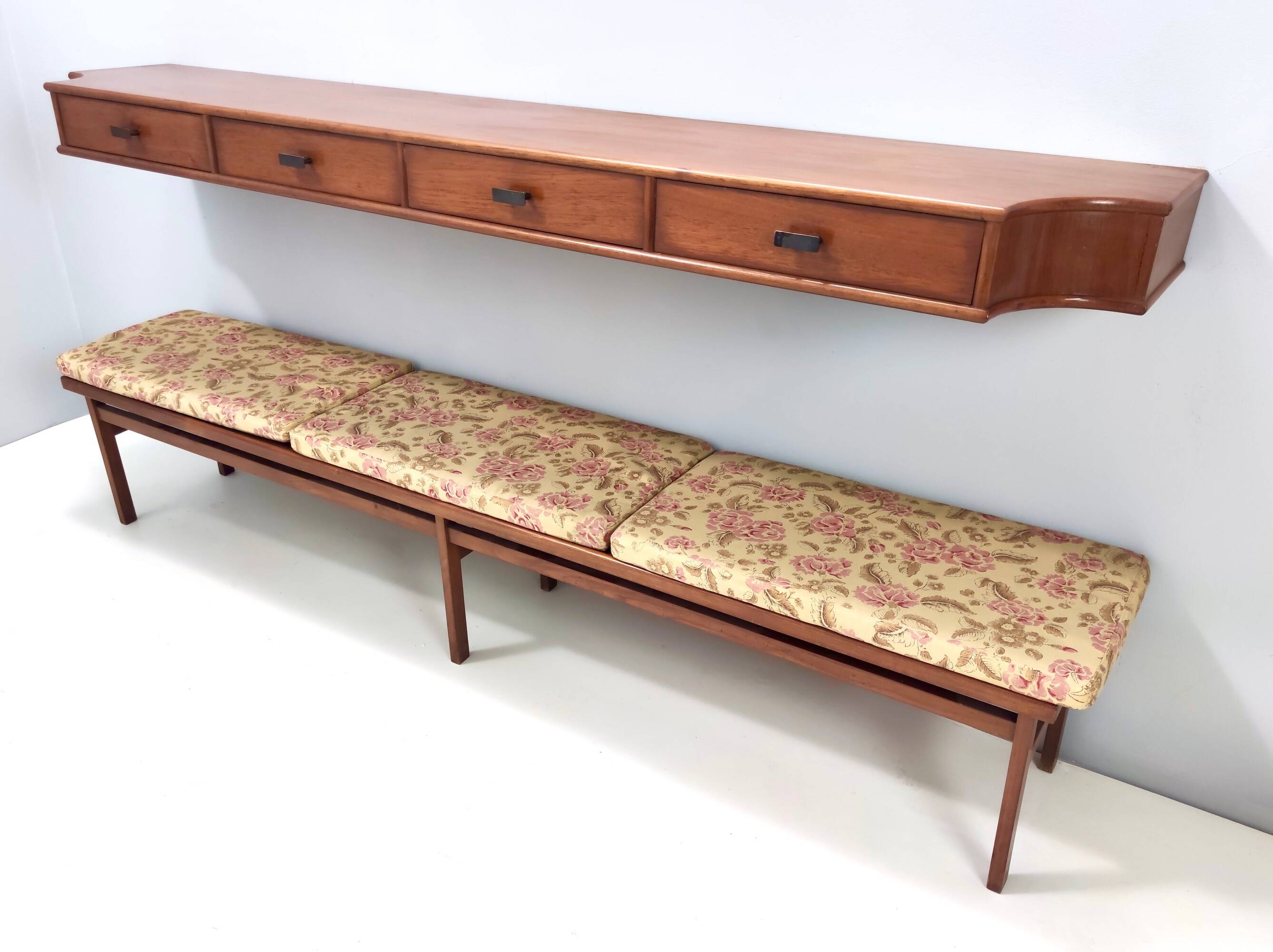 Entryway Set of Wall Mirror, Walnut Console and Bench by Brugnoli, Italy