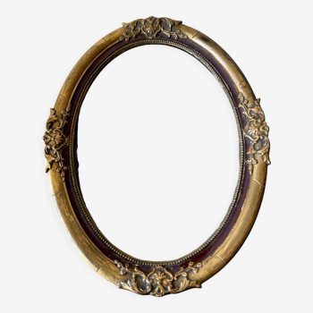 Cadre ovale ovale antique en bois doré coloré avec verre