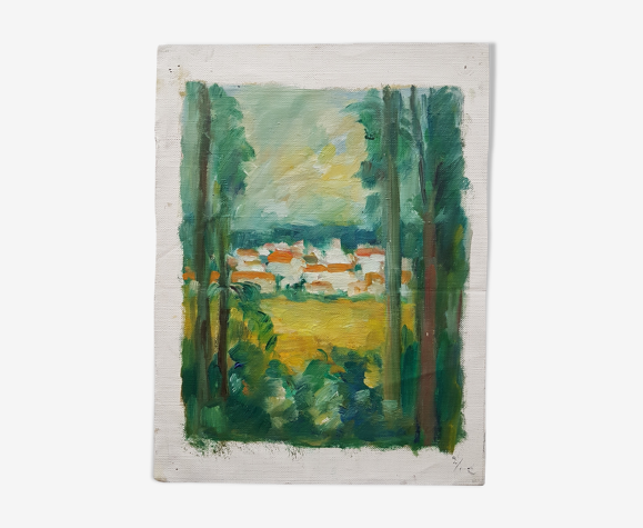 Peinture de Nagao Usui "Village derrière les arbres"