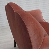 1950s, Danish 2-seater sofa, salmon pink furniture velour, oak wood legs.