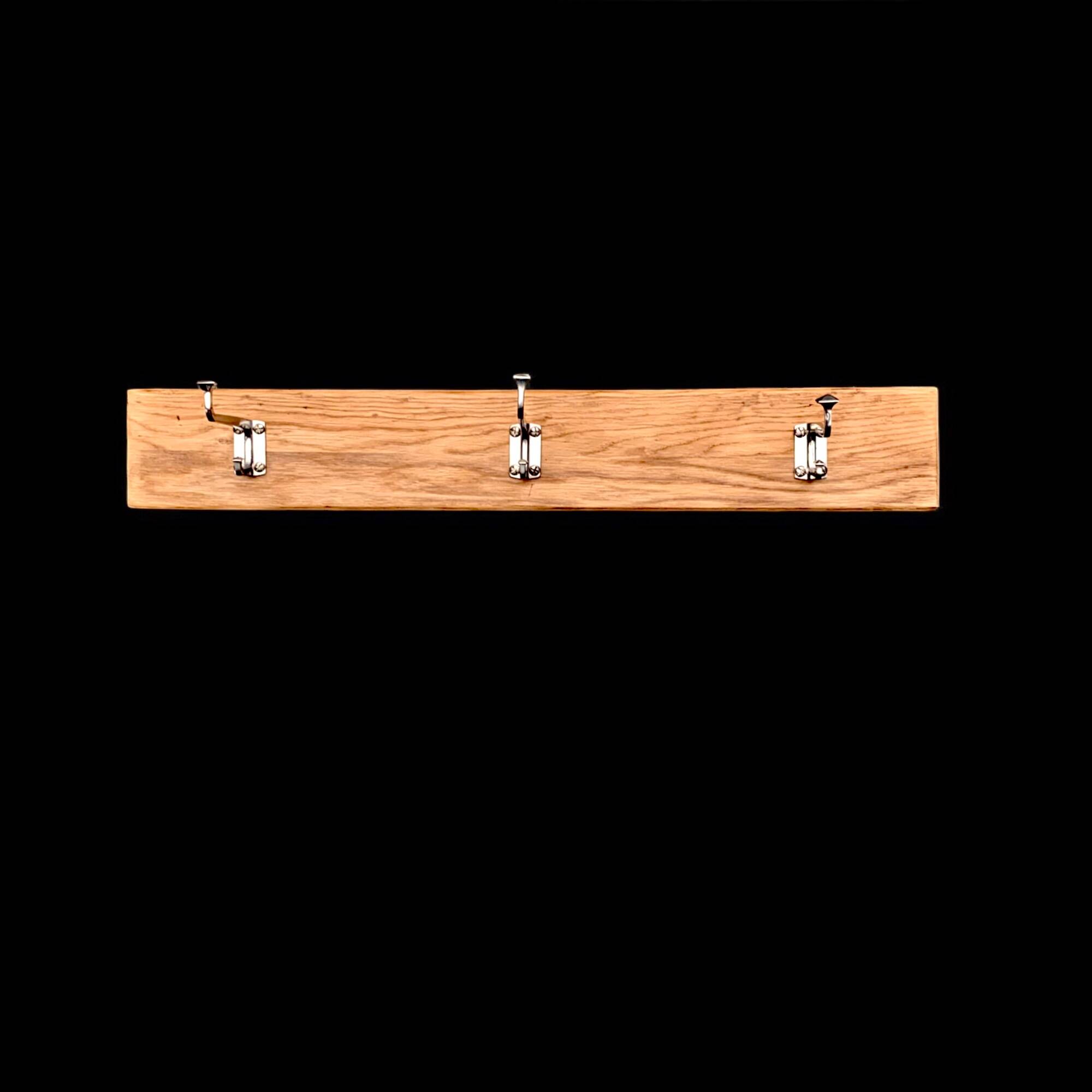 Vintage wooden wall coat rack - 3 chrome metal hooks
