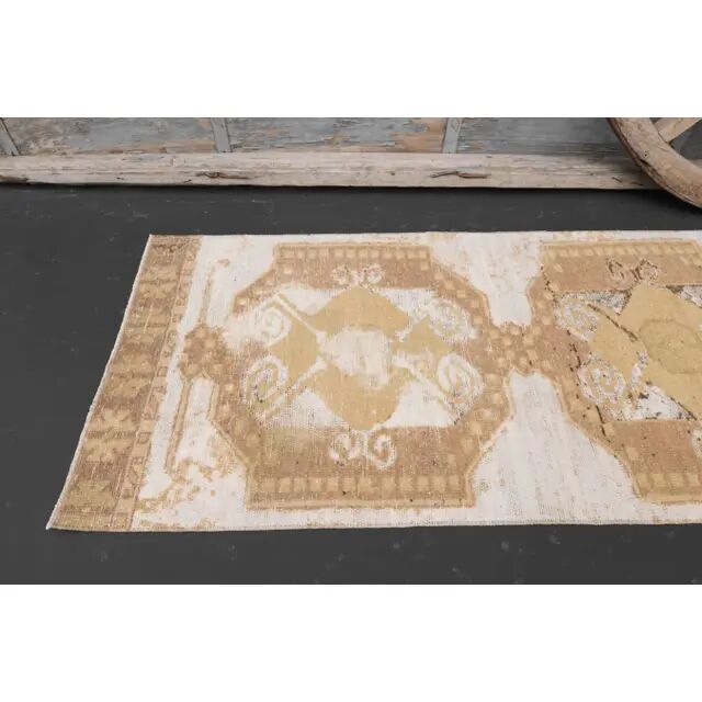 1970s Turkish Hand-Knotted Wool Cotton Beige Runner Rug 73x310