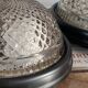 Small pair of vintage ceiling sconces in glass and black metal.