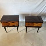 Pair of vintage bedside tables in marquetry wood – revisited Art Deco style