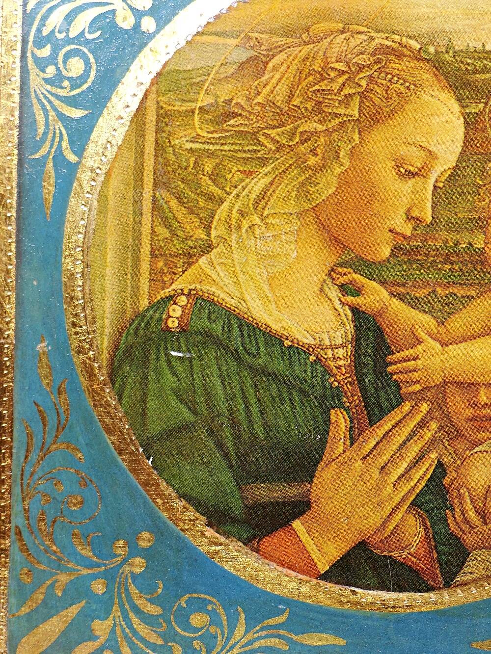 Small Florentine miniature painted wooden plaque "The Adoration" Virgin and Child