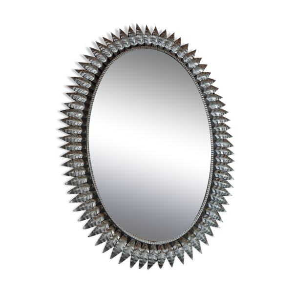 Miroir soleil ovalE vintage 50s, métal argenté 76x55 cm SB
