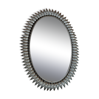 Miroir soleil ovalE vintage 50s, métal argenté 76x55 cm SB