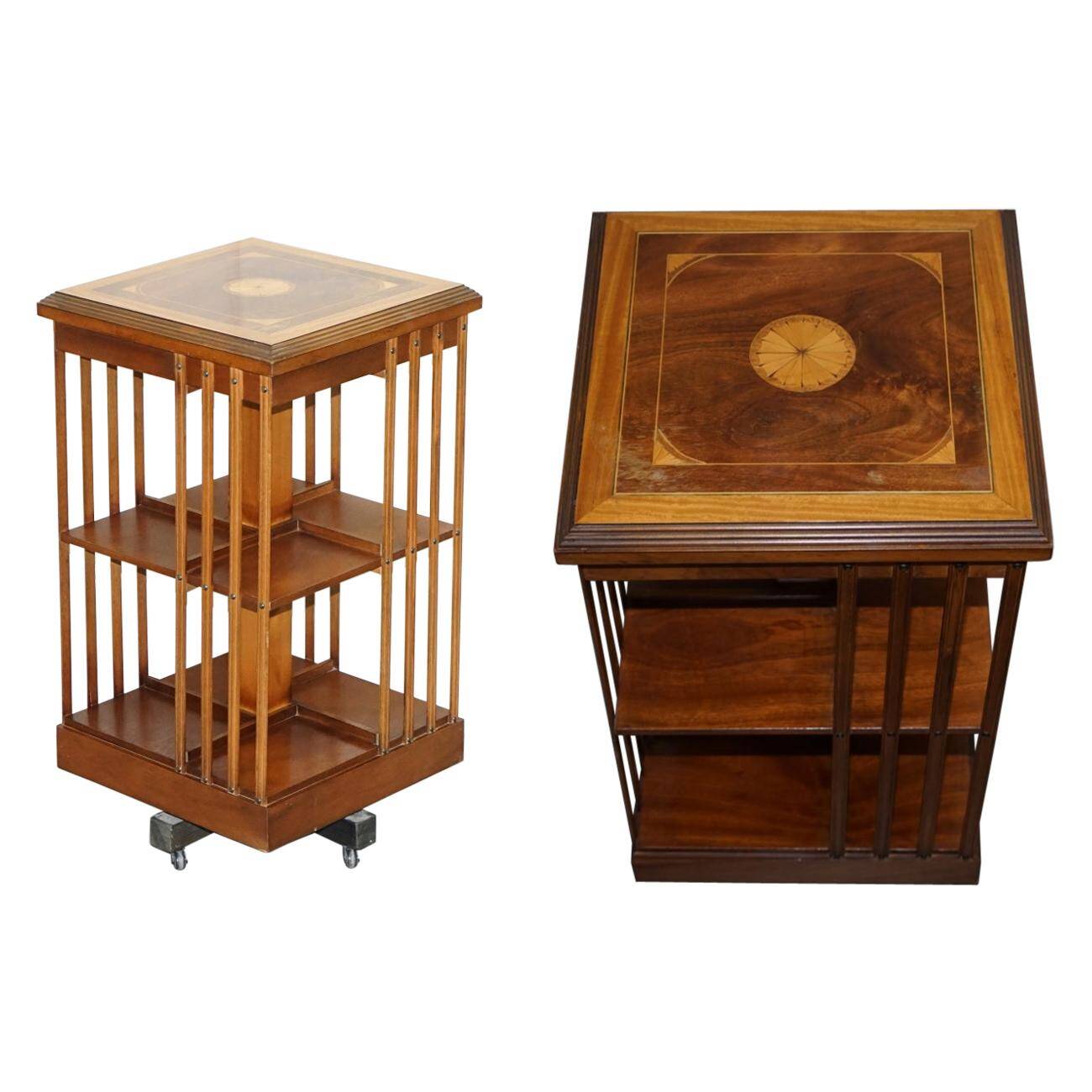 Edwardian revolving library in burl walnut with Sheraton inlay circa 1900