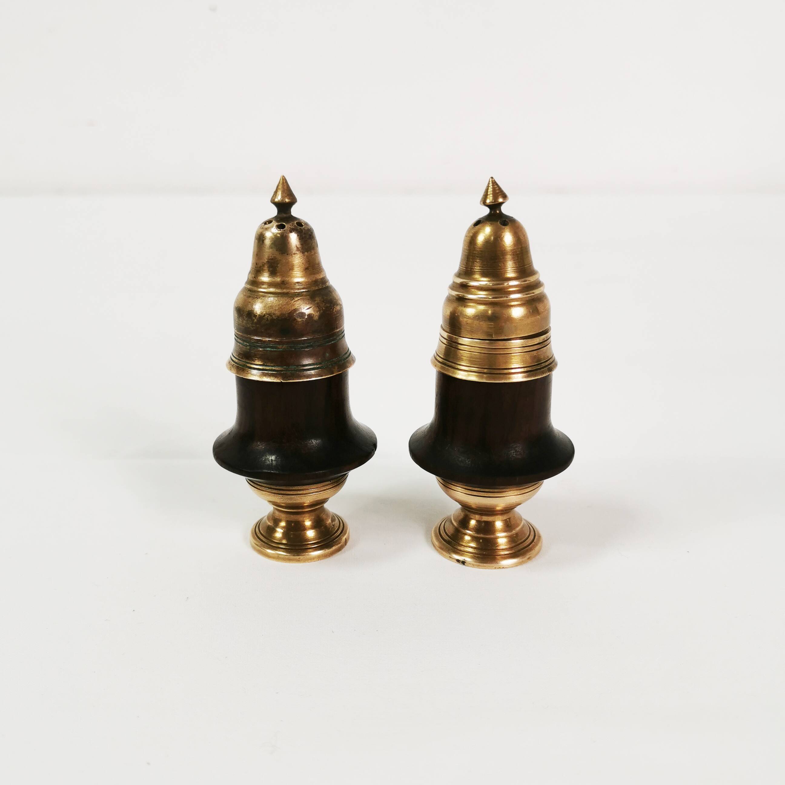Brass and rosewood spice set, Denmark, 1950s