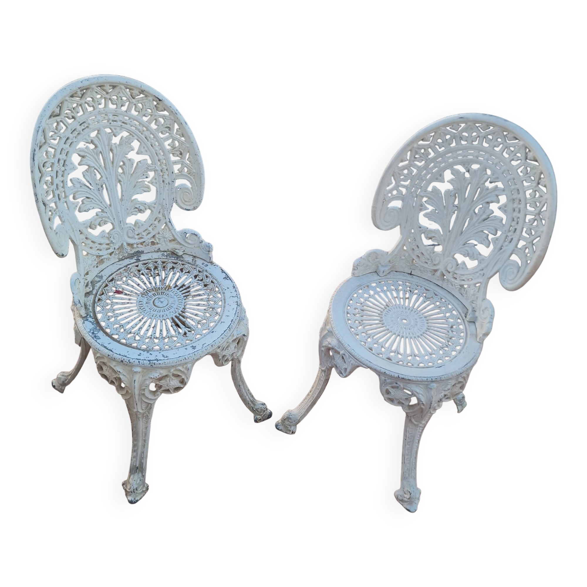 Pair of antique openwork aluminum garden chairs – Victorian style