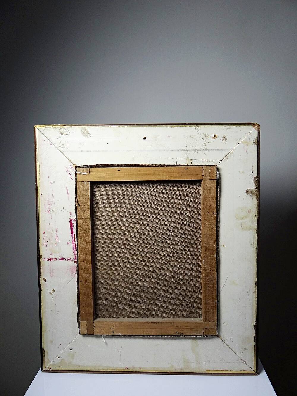 Still life with garlic, egg, and mortar signed Sarpe, 1979, oil on canvas.