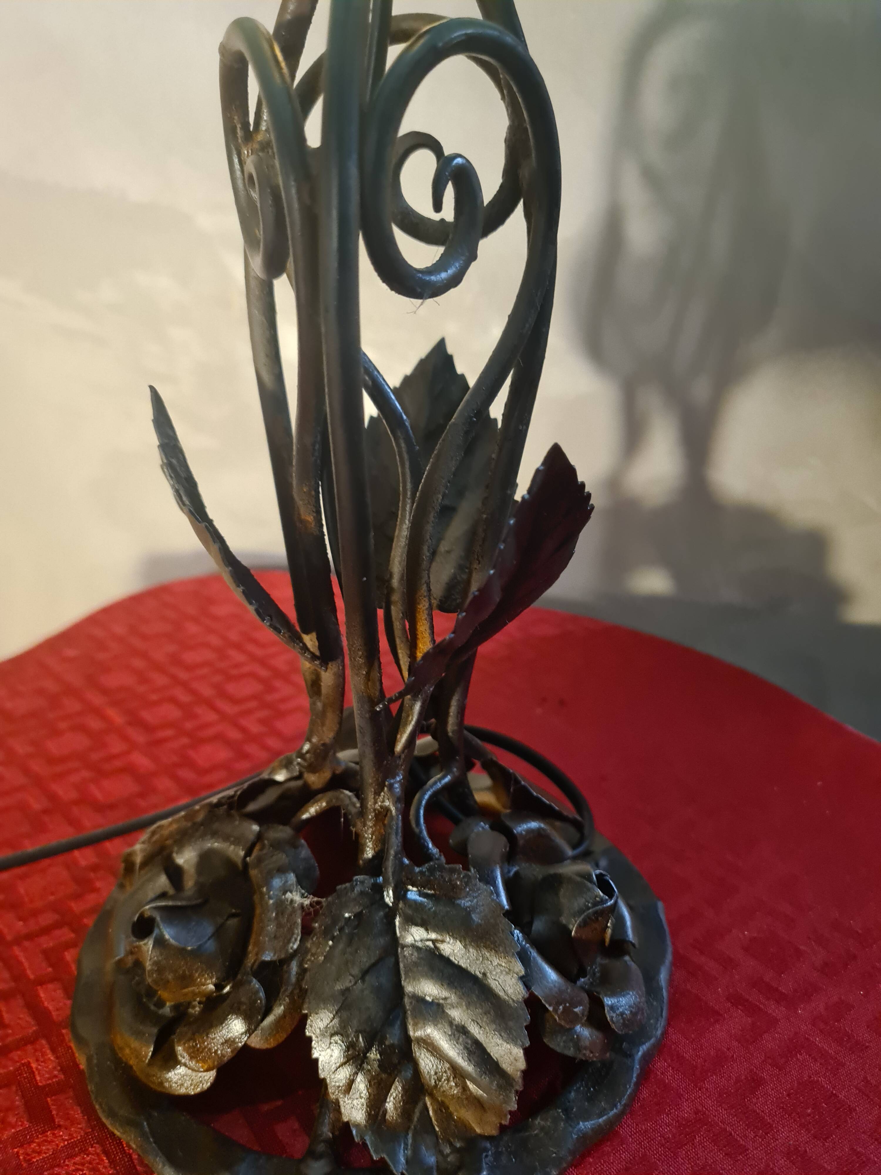 superb thick wrought iron Art Nouveau lamp, Kralik Loetz glass paste,