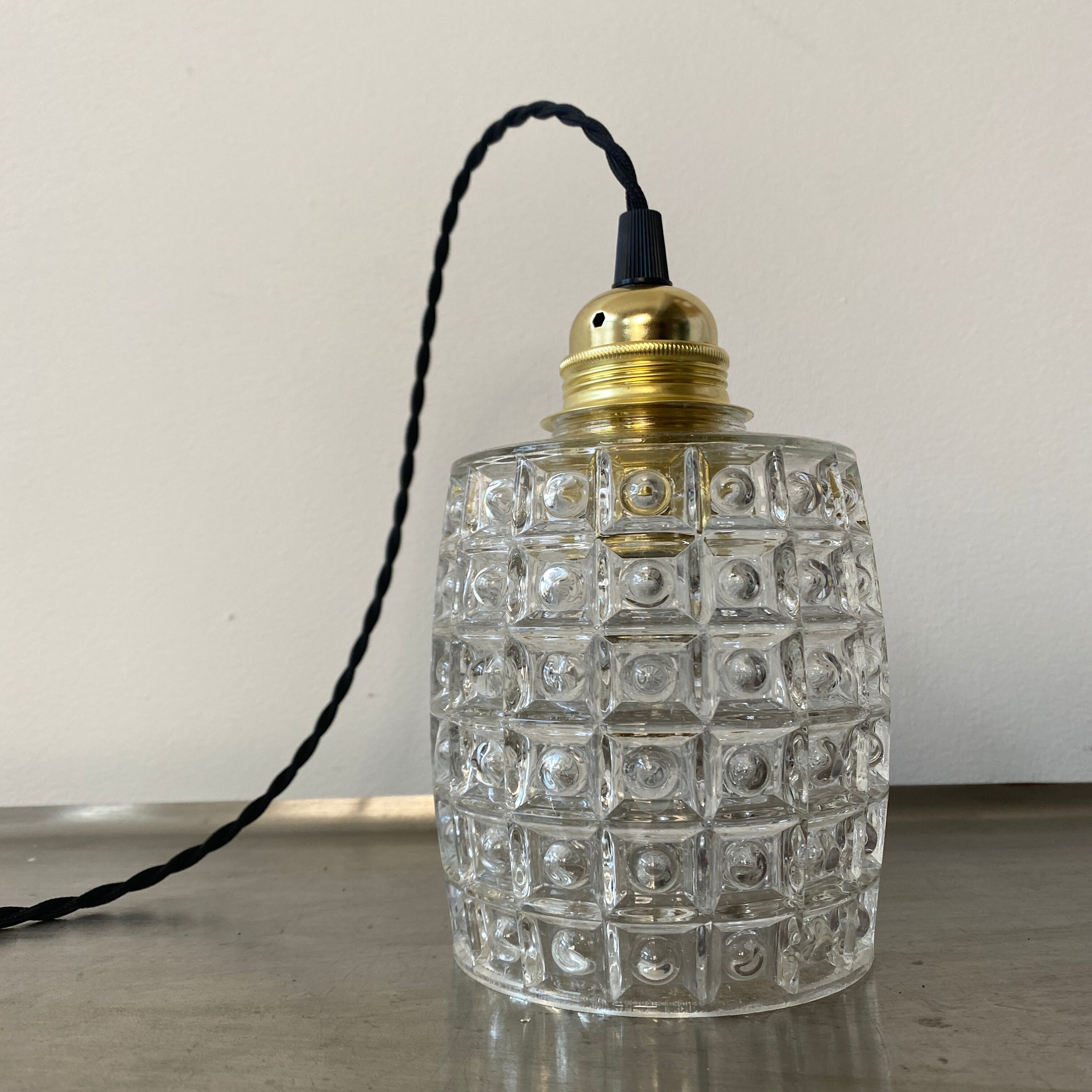 Pair of vintage molded glass pendant lamps