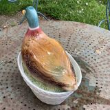 Charming Duck, slip, enameled ceramic terrine, white basket-shaped base and lid