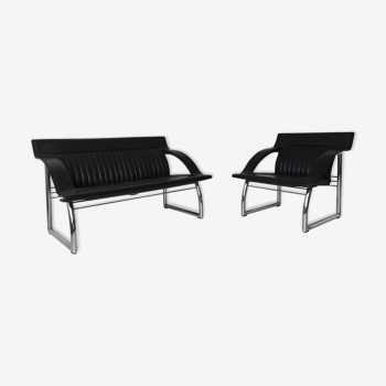 Sofa and Chair in black leather of Sede DS-127 of Gerd Lange 1980 s