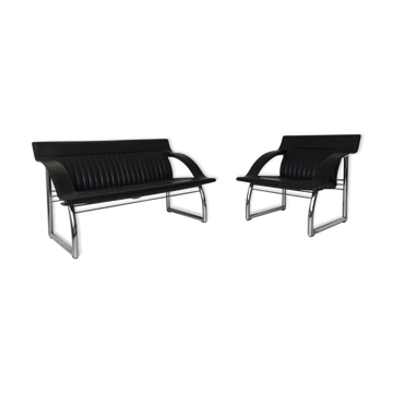 Sofa and Chair in black leather of Sede DS-127 of Gerd Lange 1980 s