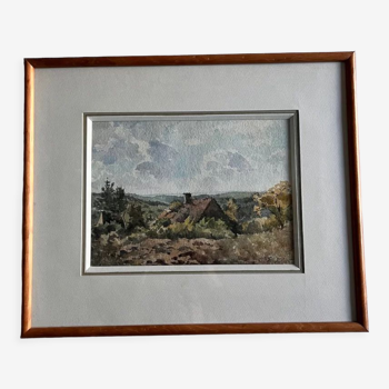 Watercolor framed countryside landscape