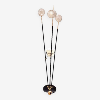 1960 floor lamp, 3 black metal and brass rods, 3 molded cut glass lights