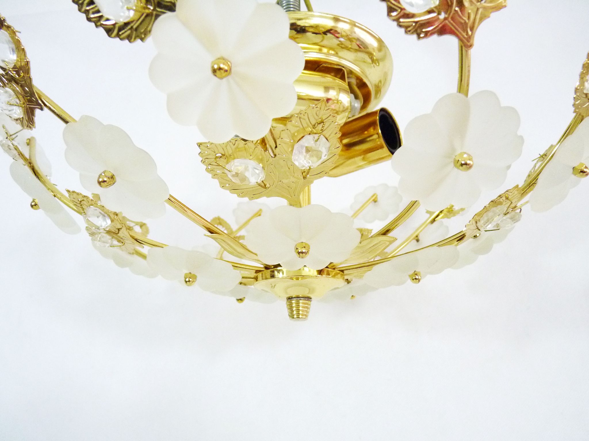 3-light gold metal and brass ceiling, white glass flowers and foliage 1970