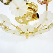 3-light gold metal and brass ceiling, white glass flowers and foliage 1970